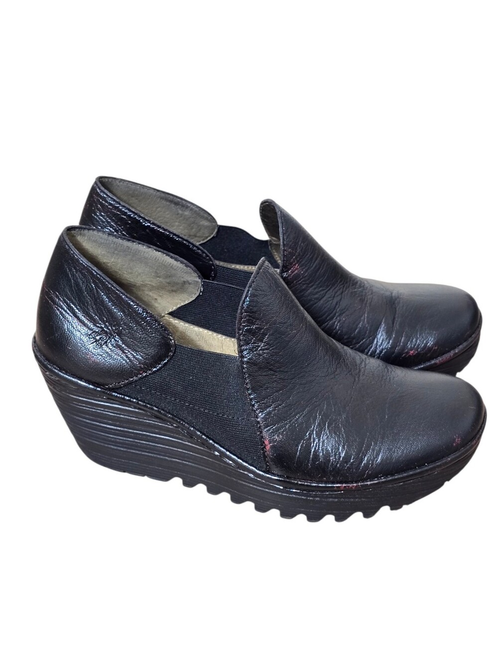 Fly London Yellow Yua Sz 8.5/39 Leather Wedge Platform Chunky SlipOn Shoes Black